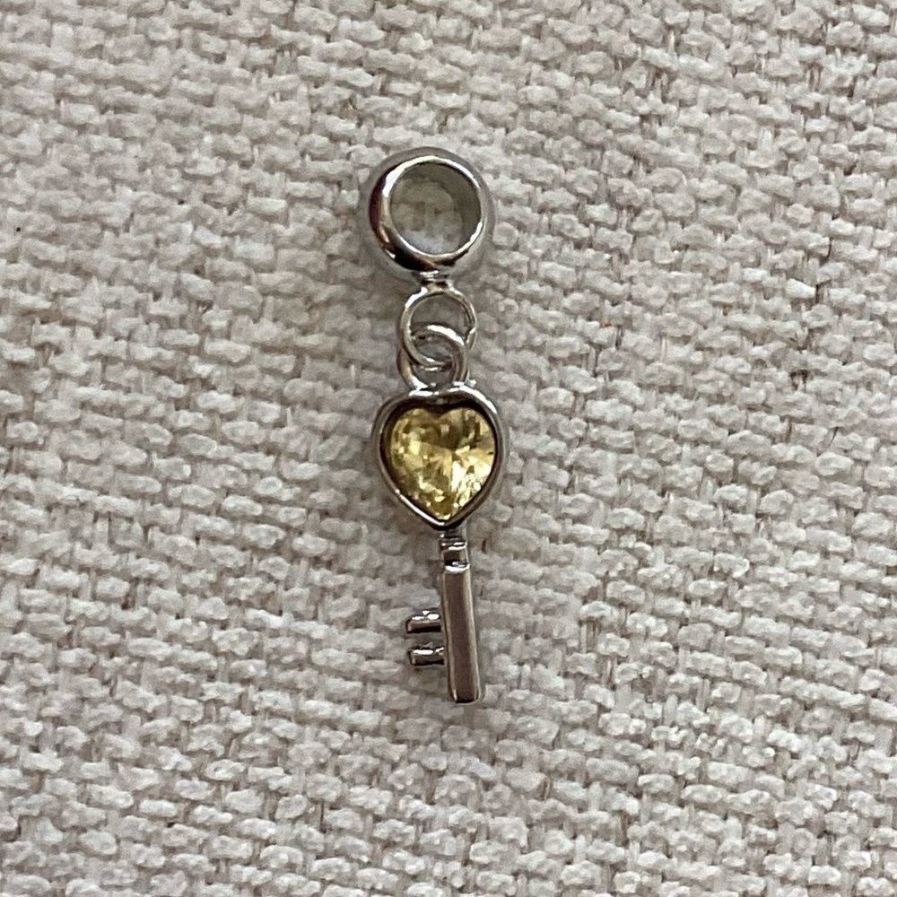Silver Heart Rhinestone Key Charm